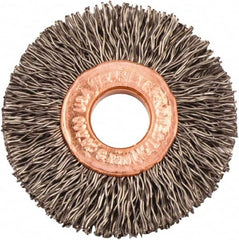 Weiler - 1-1/2" OD, 3/8" Arbor Hole, Crimped Steel Wheel Brush - 1/4" Face Width, 7/16" Trim Length, 0.014" Filament Diam, 20,000 RPM - Caliber Tooling