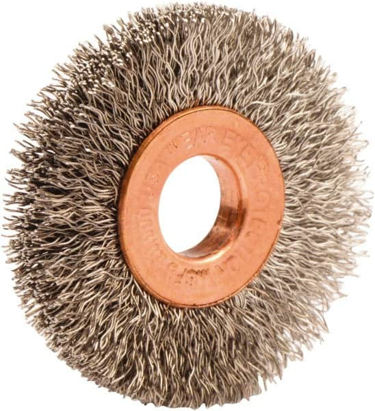 Weiler - 1-1/2" OD, 3/8" Arbor Hole, Crimped Stainless Steel Wheel Brush - 1/4" Face Width, 7/16" Trim Length, 0.008" Filament Diam, 20,000 RPM - Caliber Tooling