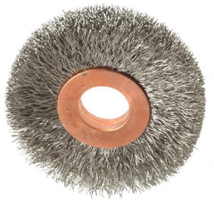 Weiler - 2" OD, 1/2" Arbor Hole, Crimped Stainless Steel Wheel Brush - 3/8" Face Width, 1/2" Trim Length, 0.008" Filament Diam, 20,000 RPM - Caliber Tooling