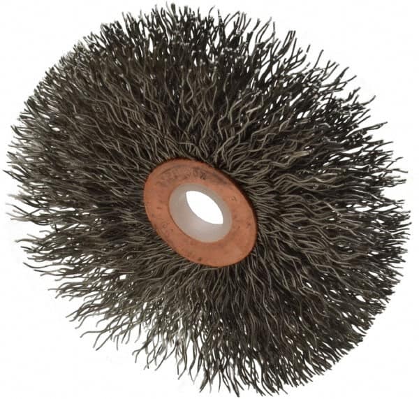 Weiler - 3" OD, 1/2" Arbor Hole, Crimped Stainless Steel Wheel Brush - 5/8" Face Width, 1" Trim Length, 0.014" Filament Diam, 20,000 RPM - Caliber Tooling