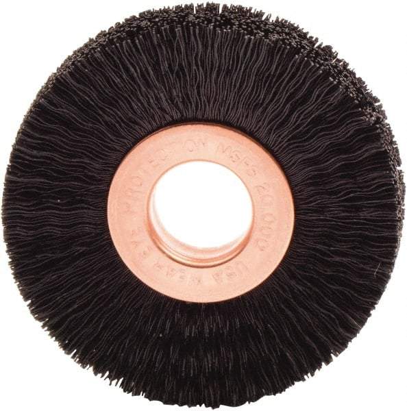 Weiler - 2" OD, 1/2" Arbor Hole, Nylon Wheel Brush - 3/8" Face Width, 1/2" Trim Length, 0.01" Filament Diam, 20,000 RPM - Caliber Tooling