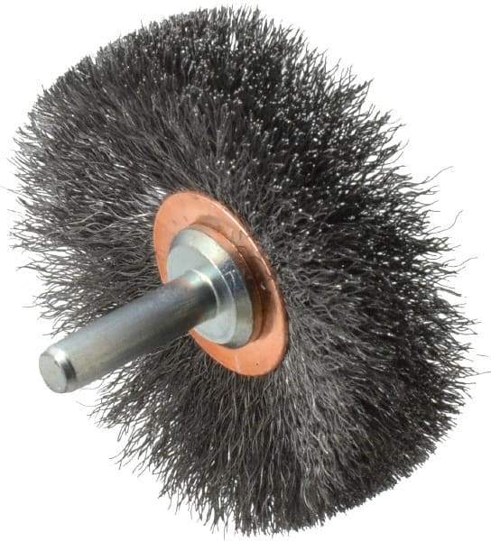 Weiler - 2-1/2" OD, 1/4" Shank Diam, Crimped Steel Wheel Brush - 3/8" Face Width, 3/4" Trim Length, 0.006" Filament Diam, 20,000 RPM - Caliber Tooling