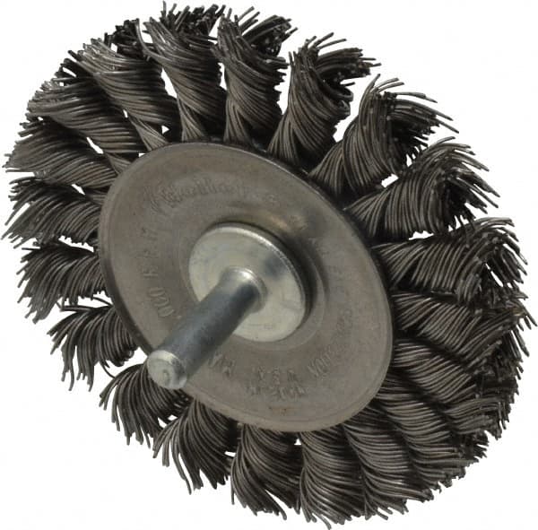 Weiler - 3-1/4" OD, 1/4" Shank Diam, Knotted Steel Wheel Brush - 3/8" Face Width, 5/8" Trim Length, 0.02" Filament Diam, 25,000 RPM - Caliber Tooling