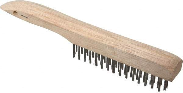 Weiler - 4 Rows x 16 Columns Shoe Handle Stainless Steel Scratch Brush - 5" Brush Length, 10" OAL, 1" Trim Length, Wood Shoe Handle - Caliber Tooling