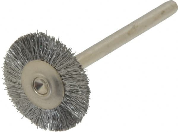 Weiler - 3/4" OD, 1/8" Shank Diam, Crimped Steel Wheel Brush - 3/16" Trim Length, 0.005" Filament Diam, 37,000 RPM - Caliber Tooling