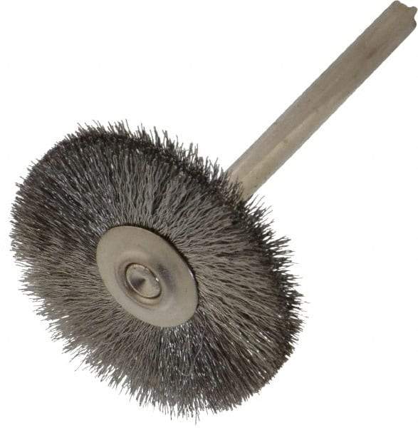 Weiler - 1" OD, 1/8" Shank Diam, Crimped Stainless Steel Wheel Brush - 5/16" Trim Length, 0.003" Filament Diam, 37,000 RPM - Caliber Tooling