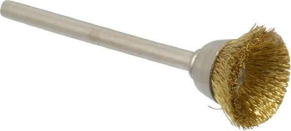Weiler - 5/8" Diam, 1/8" Shank Crimped Wire Brass Cup Brush - 0.005" Filament Diam, 1/4" Trim Length, 37,000 Max RPM - Caliber Tooling