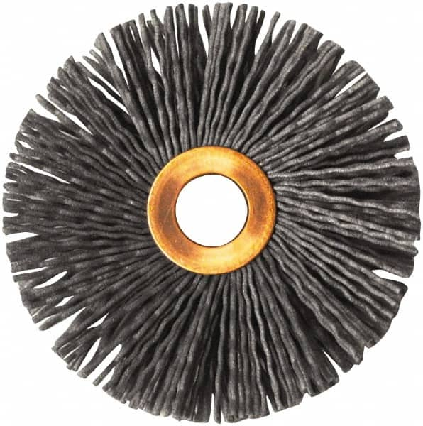 Weiler - 3" OD, 1/2" Arbor Hole, Nylon Wheel Brush - 1/2" Face Width, 1" Trim Length, 0.035" Filament Diam, 10,000 RPM - Caliber Tooling