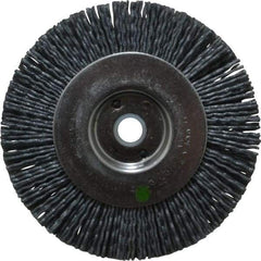 Weiler - 4" OD, 1/2" Arbor Hole, Crimped Nylon Wheel Brush - 1/2" Face Width, 7/8" Trim Length, 0.04" Filament Diam, 6,000 RPM - Caliber Tooling