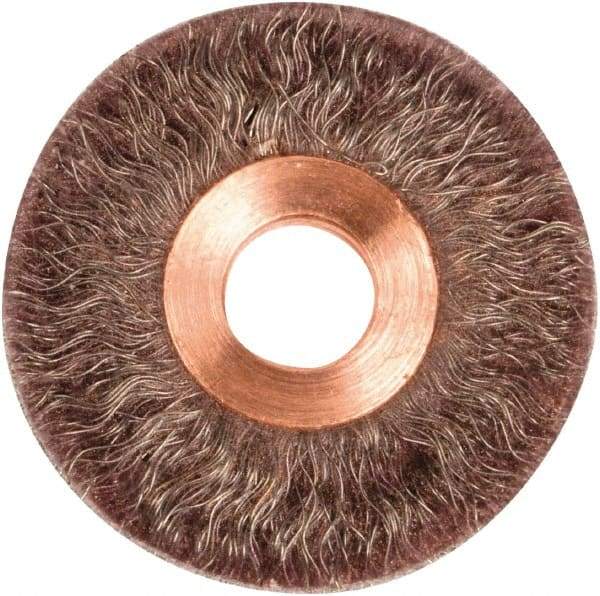 Weiler - 2" OD, 1/2" Arbor Hole, Crimped Steel Wheel Brush - 1/4" Face Width, 1/2" Trim Length, 0.0104" Filament Diam, 20,000 RPM - Caliber Tooling