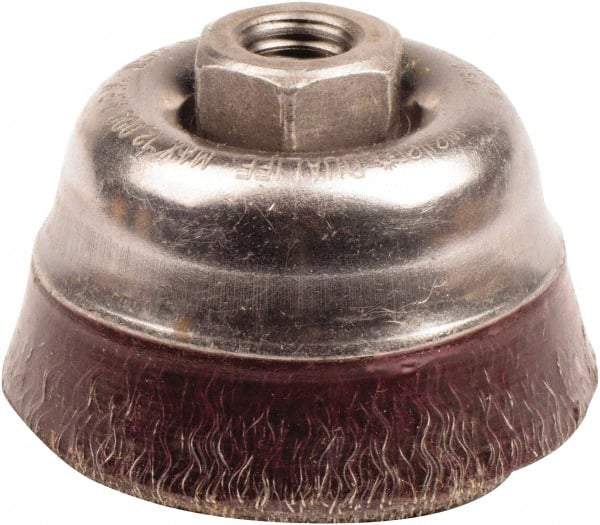 Weiler - 3-1/2" Diam, 5/8-11 Threaded Arbor, Steel Fill Cup Brush - 0.014 Wire Diam, 7/8" Trim Length, 12,000 Max RPM - Caliber Tooling