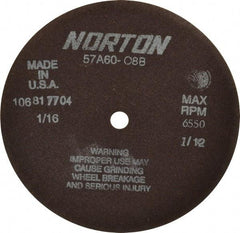 Norton - 7" 60 Grit Aluminum Oxide Cutoff Wheel - 1/16" Thick, 1/2" Arbor, 6,550 Max RPM, Use with Stationary Grinders - Caliber Tooling