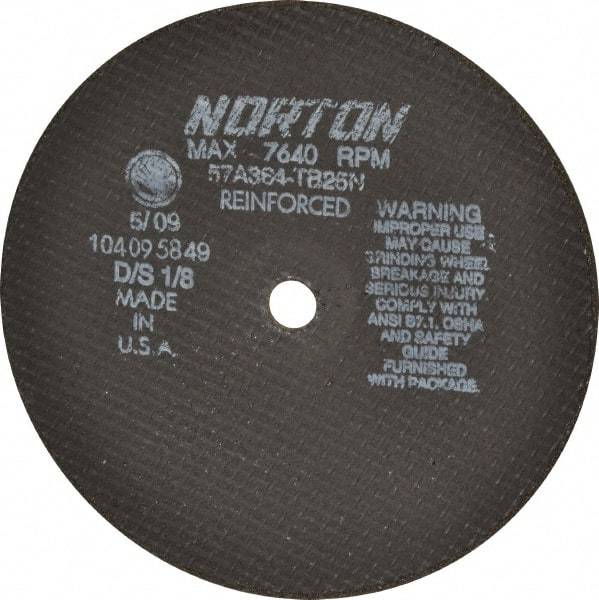 Norton - 8" 36 Grit Aluminum Oxide Cutoff Wheel - 1/8" Thick, 5/8" Arbor, 7,640 Max RPM, Use with Circular Saws - Caliber Tooling