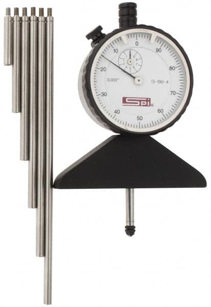 SPI - 0 to 22 Inch Range, Steel, White Dial Depth Gage - 0.001 Inch Graduation, 0.001 Inch Accuracy, 1 Inch Travel, 3.2 Inch Base Measuring Length - Caliber Tooling