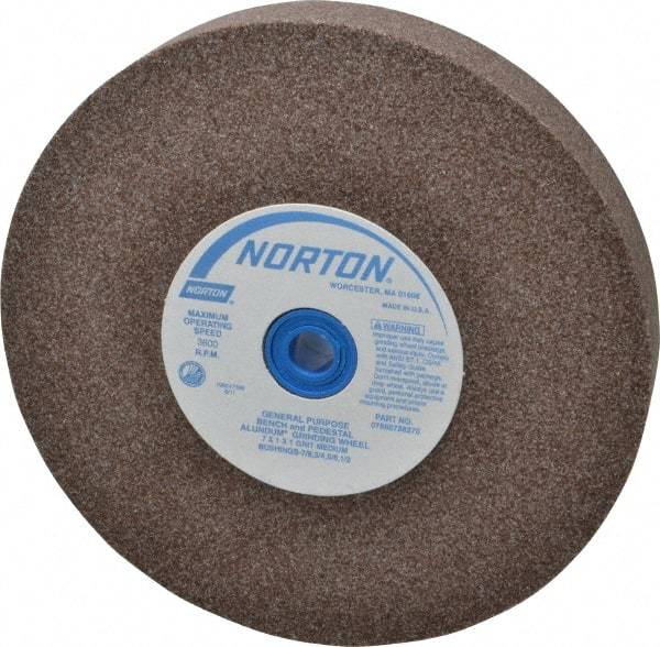 Norton - 60/80 Grit Aluminum Oxide Bench & Pedestal Grinding Wheel - 7" Diam x 1" Hole x 1" Thick, 3600 Max RPM, Medium Grade - Caliber Tooling