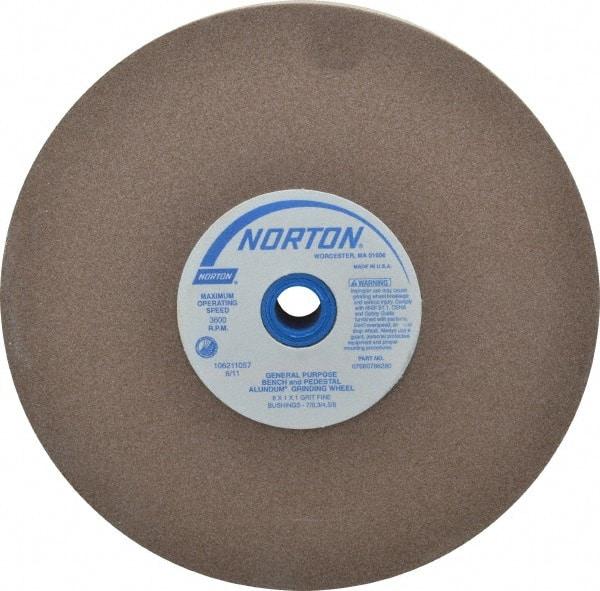 Norton - 100 Grit Aluminum Oxide Bench & Pedestal Grinding Wheel - 8" Diam x 1" Hole x 1" Thick, 3600 Max RPM, Fine Grade - Caliber Tooling