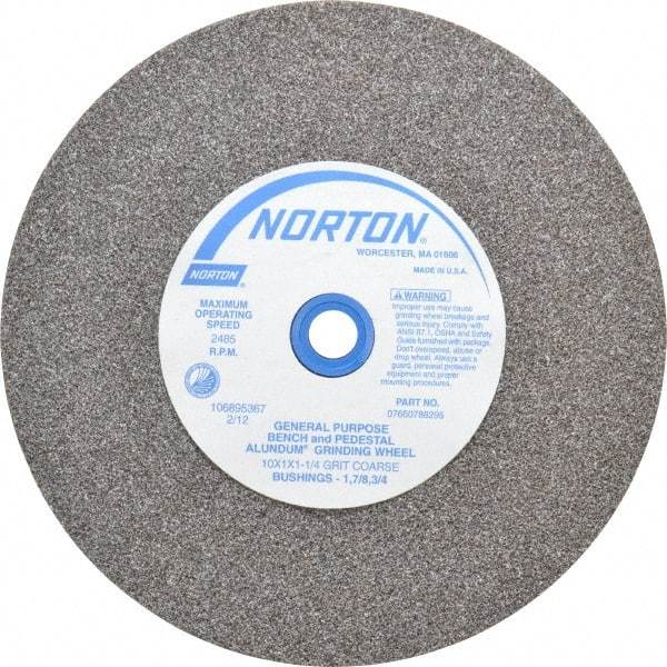 Norton - 36 Grit Aluminum Oxide Bench & Pedestal Grinding Wheel - 10" Diam x 1-1/4" Hole x 1" Thick, 2485 Max RPM, Very Coarse/Coarse Grade - Caliber Tooling