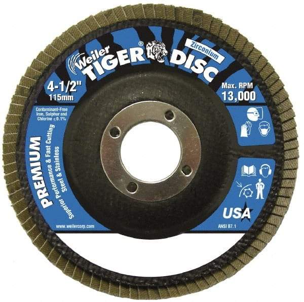 Weiler - 24 Grit, 4-1/2" Disc Diam, 7/8" Center Hole, Type 29 Zirconia Alumina Flap Disc - 13,000 Max RPM, Phenolic Backing, Quick Change Type S Attaching System, Coated - Caliber Tooling