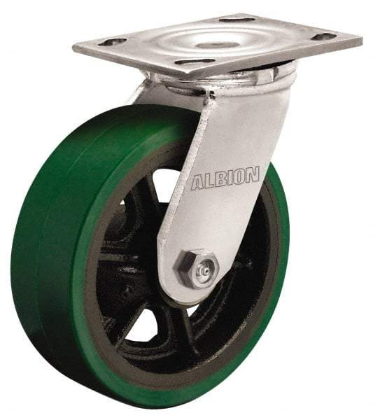 Albion - 6" Diam x 2" Wide x 7-1/4" OAH Top Plate Mount Swivel Caster - Polyurethane, 1,230 Lb Capacity, Roller Bearing, 4 x 4-1/2" Plate - Caliber Tooling