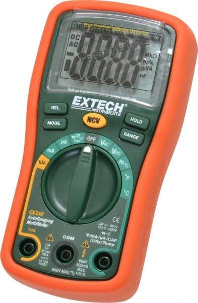 Extech - EX330, CAT III, 600 VAC/VDC, Digital Auto Ranging Multimeter - 40 mOhm, Measures Voltage, Capacitance, Current, Frequency, Resistance, Temperature - Caliber Tooling