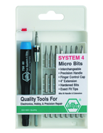 27 Piece - System 4 Micro Bit Interchangeable Set - #75991 - Includes: Handle and Slotted; Phillips; Torx®; Hex Inch Micro Bits. 105mm Bit Extension - In Compact Fold Out Box - Caliber Tooling