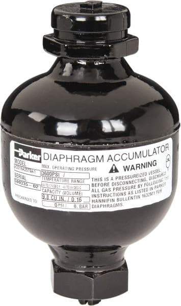 Parker - 10 Lb. Capacity, 3,620 psi Max Working Pressure, 4.69" High, Hydrin Diaphragm Accumulator - 2.95" Diam, 6 SAE Port Thread - Caliber Tooling