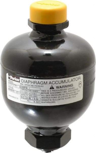 Parker - 20 Lb. Capacity, 3,045 psi Max Working Pressure, 5.55" High, Hydrin Diaphragm Accumulator - 3.74" Diam, 8 SAE Port Thread - Caliber Tooling