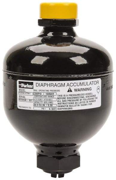 Parker - 30 Lb. Capacity, 3,045 psi Max Working Pressure, 5.94" High, Hydrin Diaphragm Accumulator - 4.2" Diam, 8 SAE Port Thread - Caliber Tooling