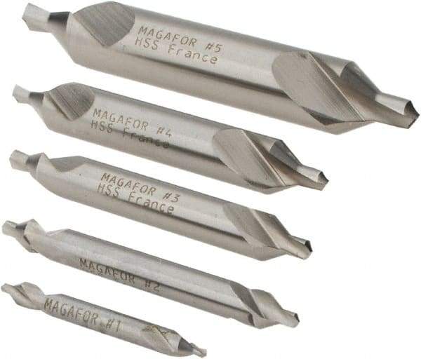 Magafor - 5 Piece, #1 to 5, 1/8 to 7/16" Body Diam, 3/64 to 3/16" Point Diam, Plain Edge, High Speed Steel Combo Drill & Countersink Set - 60° Incl Angle, 0.067 to 0.256" Point Length, 1/8 to 2-3/4" OAL, Double End, 115 Series Compatibility - Caliber Tooling