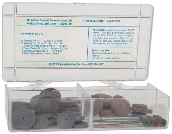 Cratex - 49 Piece Rubberized Small Wheel & Abrasive Point Set - Includes 4 Mandrels, 3 Points & 42 Wheels - Caliber Tooling