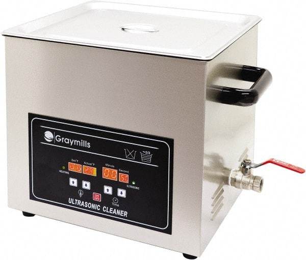 Graymills - Bench Top Water-Based Ultrasonic Cleaner - 4 Gal Max Operating Capacity, 304 Stainless Steel Tank, 330.2mm High x 14" Long x 13" Wide, 120 Input Volts - Caliber Tooling