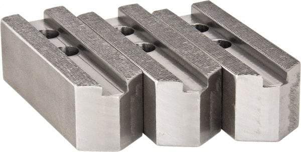 H & R Manufacturing - 1.5mm x 60° Serrated Attachment, Square Soft Lathe Chuck Jaw - 3 Jaws, Steel, 1" Btw Mount Hole Ctrs, 4-1/4" Long x 1-1/2" Wide x 1-1/2" High, 0.551" Groove, 12mm Fastener - Caliber Tooling