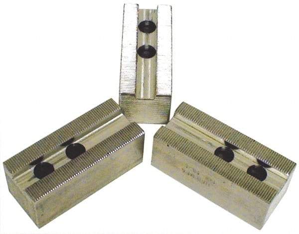 H & R Manufacturing - 1.5mm x 60° Serrated Attachment, Square Soft Lathe Chuck Jaw - 3 Jaws, Aluminum, 1.181" Btw Mount Hole Ctrs, 4" Long x 1-3/4" Wide x 2-1/2" High, 0.63" Groove, 12mm Fastener - Caliber Tooling