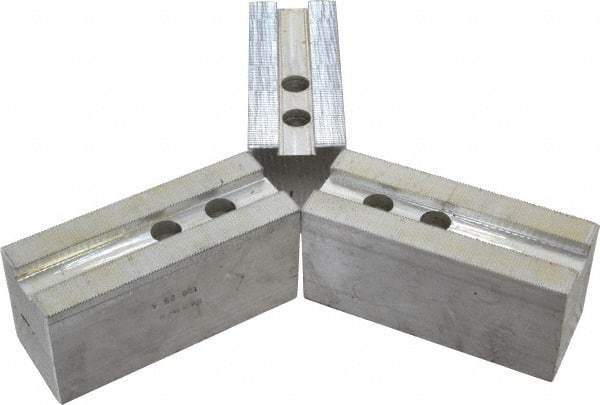 H & R Manufacturing - 1.5mm x 60° Serrated Attachment, Square Soft Lathe Chuck Jaw - 3 Jaws, Aluminum, 1.181" Btw Mount Hole Ctrs, 5-1/4" Long x 2" Wide x 2-1/2" High, 0.71" Groove, 14mm Fastener - Caliber Tooling