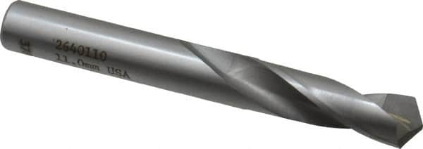 Made in USA - 11mm 118° Spiral Flute Carbide-Tipped Screw Machine Drill Bit - Bright Finish, Right Hand Cut, 2-3/64" Flute Length, 3-27/64" OAL, Standard Point, Straight Shank - Caliber Tooling