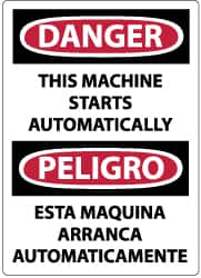 NMC - "Danger - This Machine Starts Automatically", 20" Long x 14" Wide, Pressure-Sensitive Vinyl Safety Sign - Rectangle, 0.004" Thick, Use for Accident Prevention - Caliber Tooling