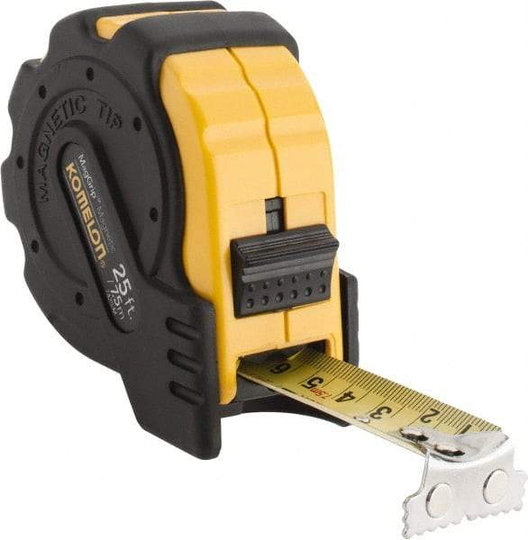 Komelon - 25' x 1" Yellow Blade Tape Measure - 1/16" & 1mm Graduation, Inch/Metric Graduation Style, Yellow/Black Case - Caliber Tooling