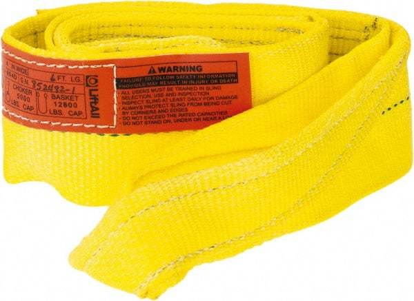 Lift-All - 6' Long x 4" Wide, 6,400 Lb Vertical Capacity, 1 Ply, Polyester Web Sling - 5,000 Lb Choker Capacity, Yellow - Caliber Tooling