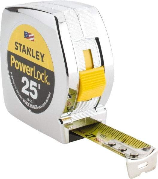 Stanley - 25' x 1" Yellow Blade Tape Measure - 1/16" Graduation, Inch Graduation Style, Silver Case - Caliber Tooling