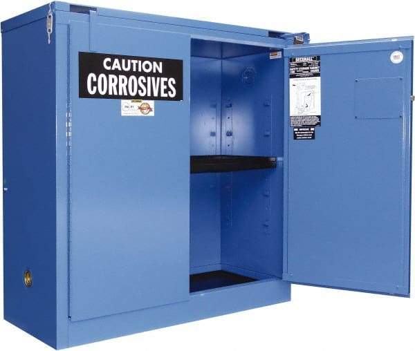 Securall Cabinets - 2 Door, 1 Shelf, Blue Steel Standard Safety Cabinet for Corrosive Chemicals - 46" High x 43" Wide x 18" Deep, Self Closing Door, 3 Point Key Lock, 30 Gal Capacity - Caliber Tooling