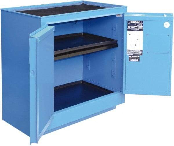 Securall Cabinets - 2 Door, 1 Shelf, Blue Steel Standard Safety Cabinet for Corrosive Chemicals - 36" High x 35" Wide x 22" Deep, Manual Closing Door, 3 Point Key Lock, 24 Gal Capacity - Caliber Tooling