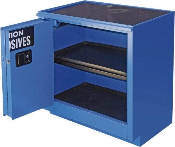 Securall Cabinets - 2 Door, 1 Shelf, Blue Steel Standard Safety Cabinet for Corrosive Chemicals - 36" High x 35" Wide x 22" Deep, Sliding Door, 3 Point Key Lock, 24 Gal Capacity - Caliber Tooling