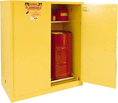 Securall Cabinets - 56" Wide x 31" Deep x 65" High, 18 Gauge Steel Vertical Drum Cabinet with 3 Point Key Lock - Yellow, Manual Closing Door, 1 Shelf, 2 Drums, Drum Rollers Included - Caliber Tooling