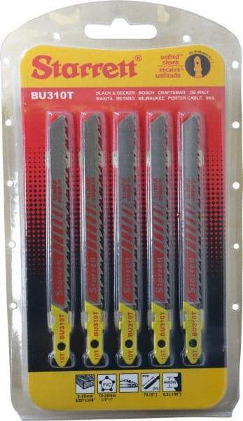 Starrett - 4" Long, 10 Teeth per Inch, Bi-Metal Jig Saw Blade - Toothed Edge, 5/16" Wide x 0.05" Thick, U-Shank, Ground Taper Tooth Set - Caliber Tooling