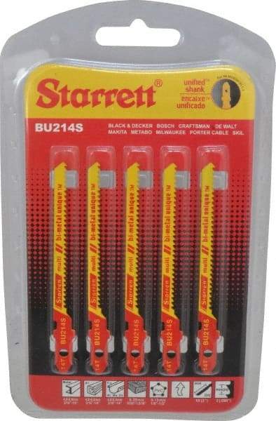 Starrett - 3" Long, 14 Teeth per Inch, Bi-Metal Jig Saw Blade - Toothed Edge, 3/16" Wide x 0.04" Thick, U-Shank, Wavy Tooth Set - Caliber Tooling