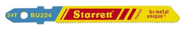 Starrett - 3" Long, 24 Teeth per Inch, Bi-Metal Jig Saw Blade - Toothed Edge, 5/16" Wide x 0.04" Thick, U-Shank, Wavy Tooth Set - Caliber Tooling