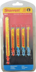 Starrett - 5 Piece, 3" to 5" Long, 10-14 to 32 Teeth per Inch, Bi-Metal Jig Saw Blade Set - Toothed Edge, 3/16" to 3/8" Wide, 0.04" to 0.04" Thick, U-Shank - Caliber Tooling