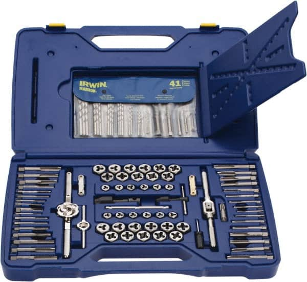 Irwin Hanson - #4-40 to 1/2-20 BSP, Metric Coarse, Metric Fine, NPT, UNC, UNF, Die and Drill Set - 5/16" to Letter Z HSS Drill, Bright Finish Carbon Steel Plug Chamfer Tap, Carbon Steel Hex Die, 117 Piece Set - Exact Industrial Supply