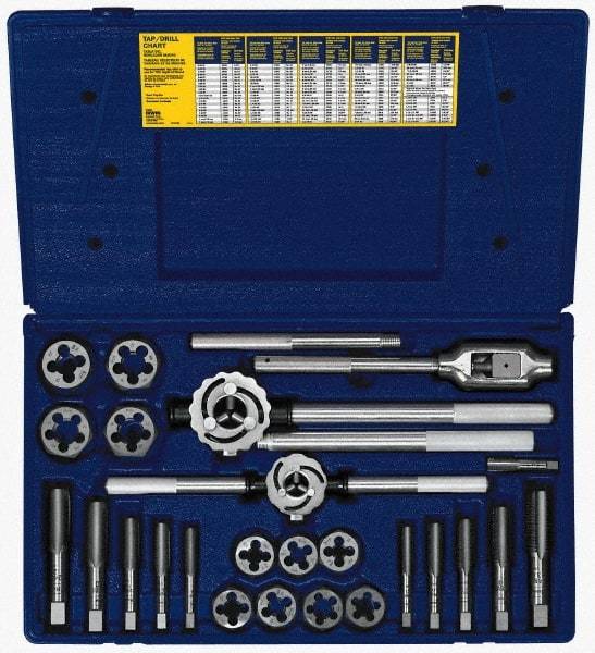 Irwin - M14x1.25 to M24x3.00 Tap, M14x1.25 to M24x3.00 Die, Metric Fine, Tap and Die Set - Bright Finish Carbon Steel, Carbon Steel Taps, Nonadjustable 1-7/16, 1-13/16" Hex Size, 25 Piece Set with Plastic Case - Exact Industrial Supply