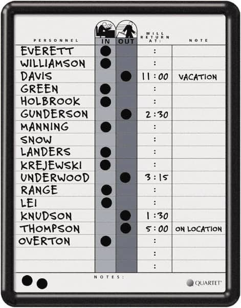 Quartet - 14" High x 11" Wide Magnetic Dry Erase In/Out - Porcelain, Includes Water-Soluble Ink Marker, Magnetic In/Out Circles, Magnetic Name Strips, Self-Stick Vinyl Letters & Wet-Erase Magnetic Remark Strips - Caliber Tooling